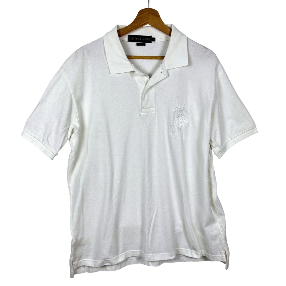 US Polo Assn Men White Short Sleeve Pique Polo Golf Shirt Large Pony Logo Sz L